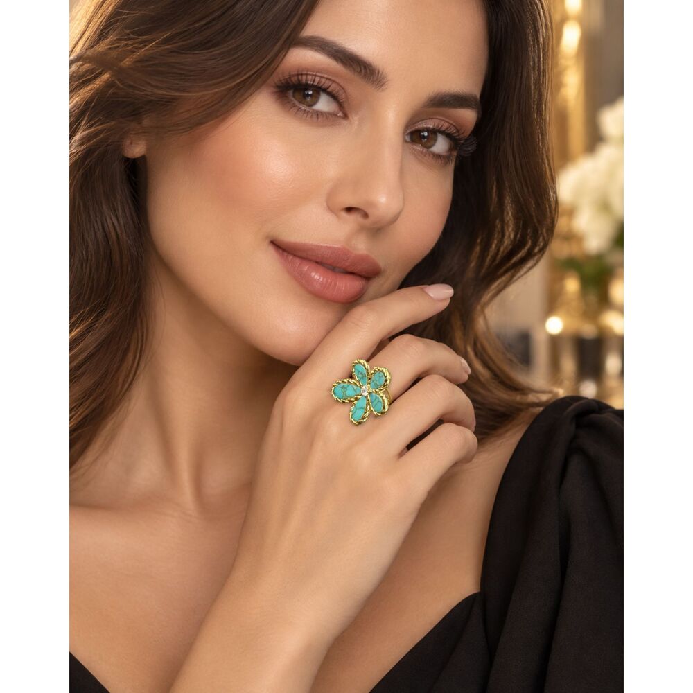 Gold-Tone Turquoise Flower Statement Ring Size 6 Stainless Steel CZ